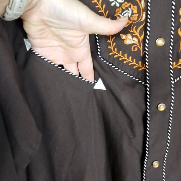 Salvaje Oeste Western Cowboy Pearl Snap Shirt M Brown Orange Embroidered Rodeo - Picture 4 of 8